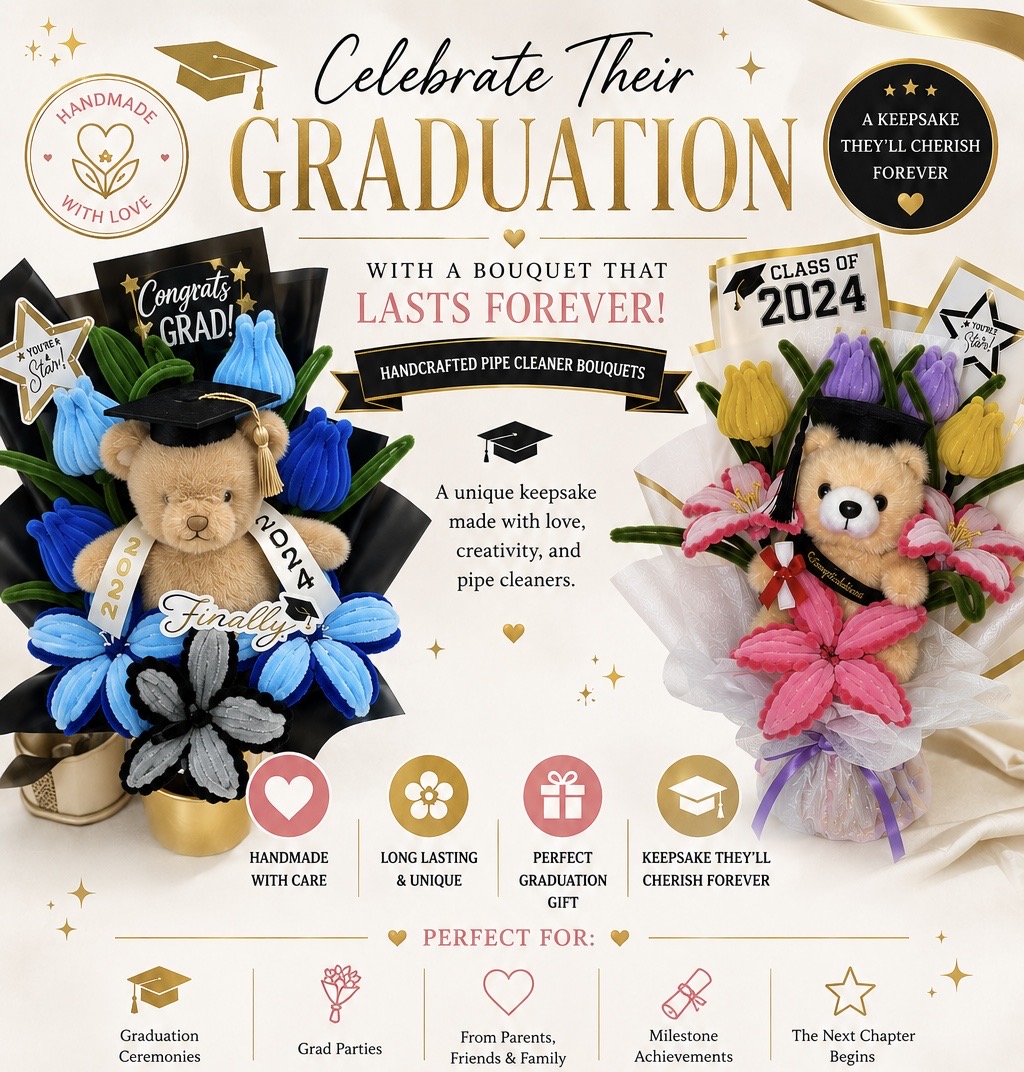 Graduation bouquet with teddy bear and colorful pipe cleaner flowers